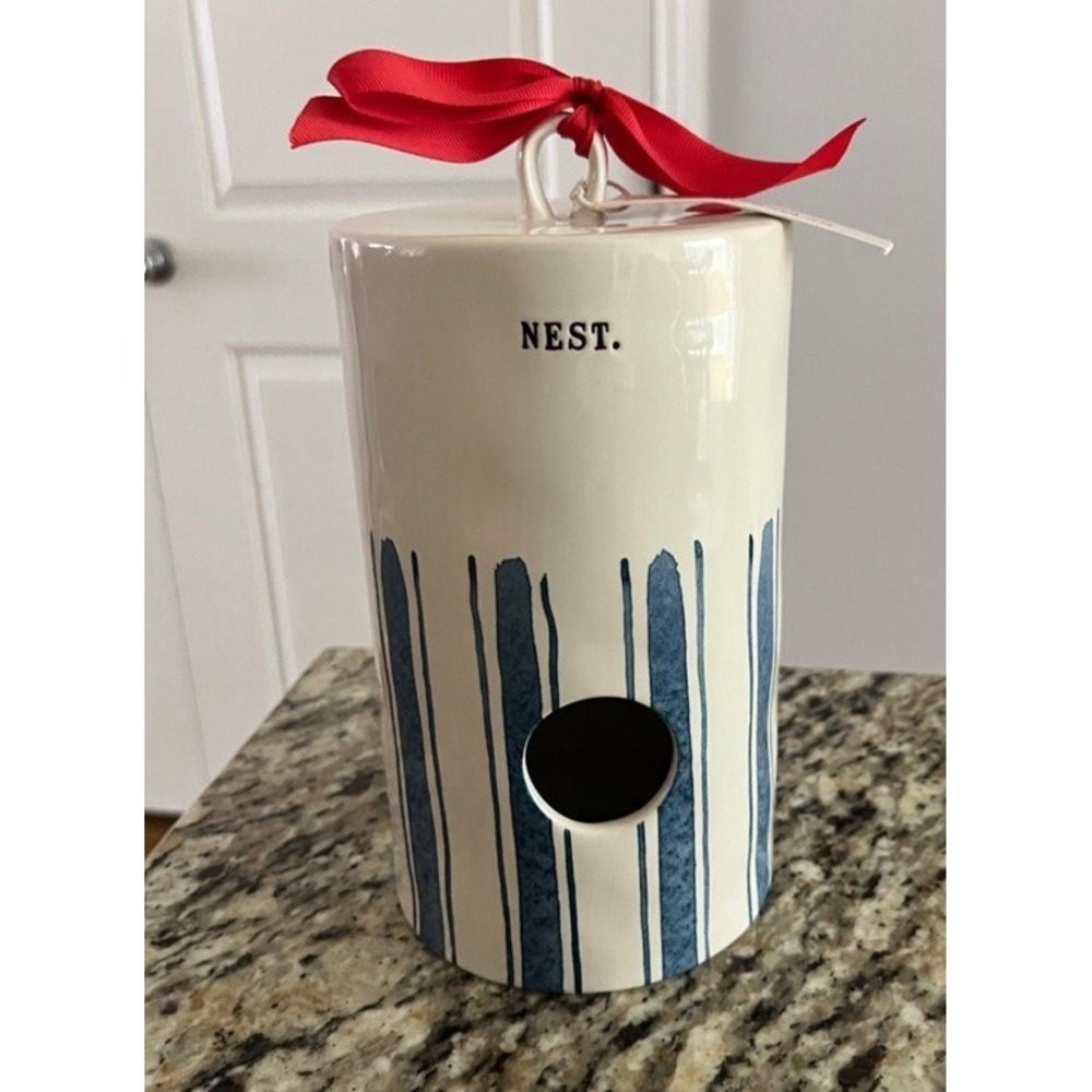 Rae Dunn Bird House Denim Blue Stripe Log Cylinder Nest HTF Ceramic 2018